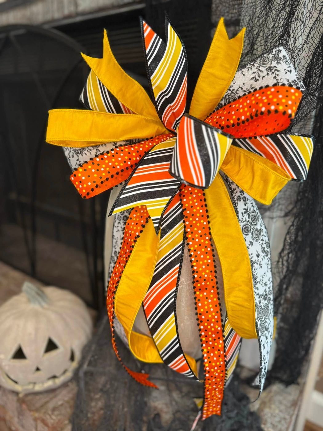 Mustard, black stripe, and rose print ribbon bow